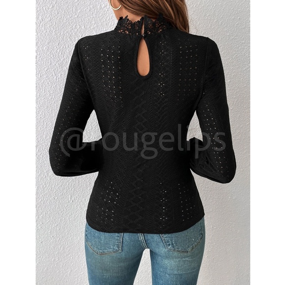 Black Lace Guipure Eyelet Mock Neck Long Sleeve Tee Shirt Fitted - Picture 6 of 7